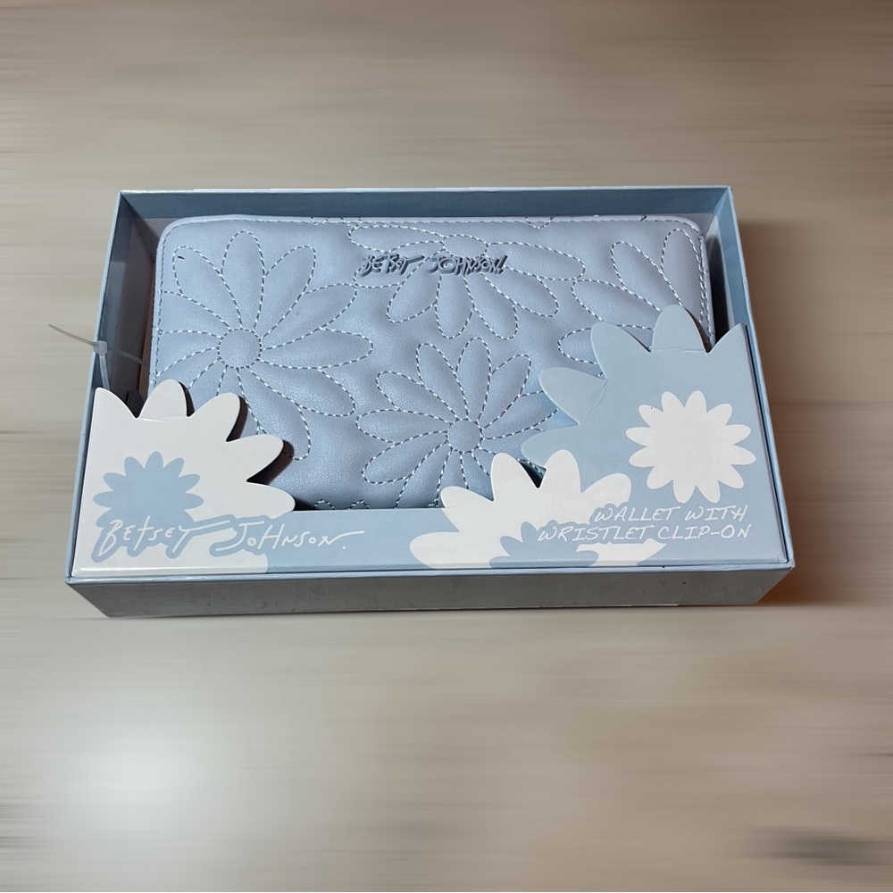 Betsey Johnson Baby Blue Floral Wallet with clip on Wristlet
